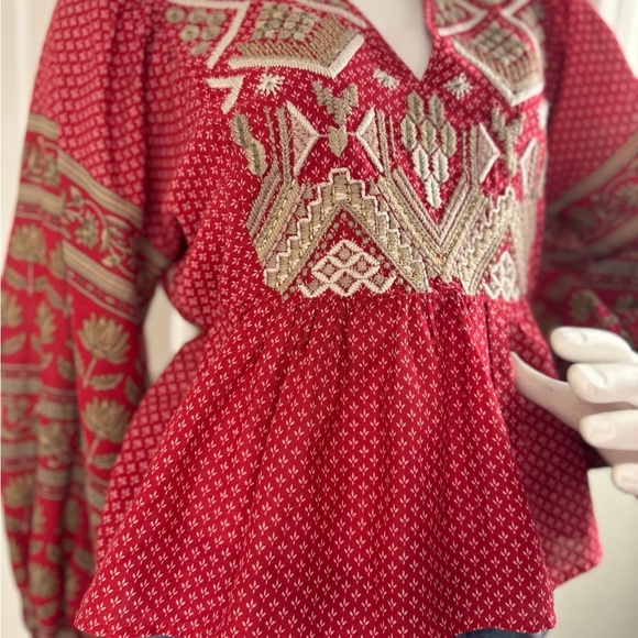 Anthropologie Keira Embroidered Peplum Blouse top shirt v neck Boho Size 8. A25 - Picture 6 of 14